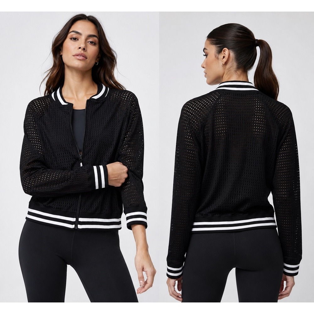 Good American Mesh Bomber Jacket Womens 2 Black Perforated Full Zip Athleisure